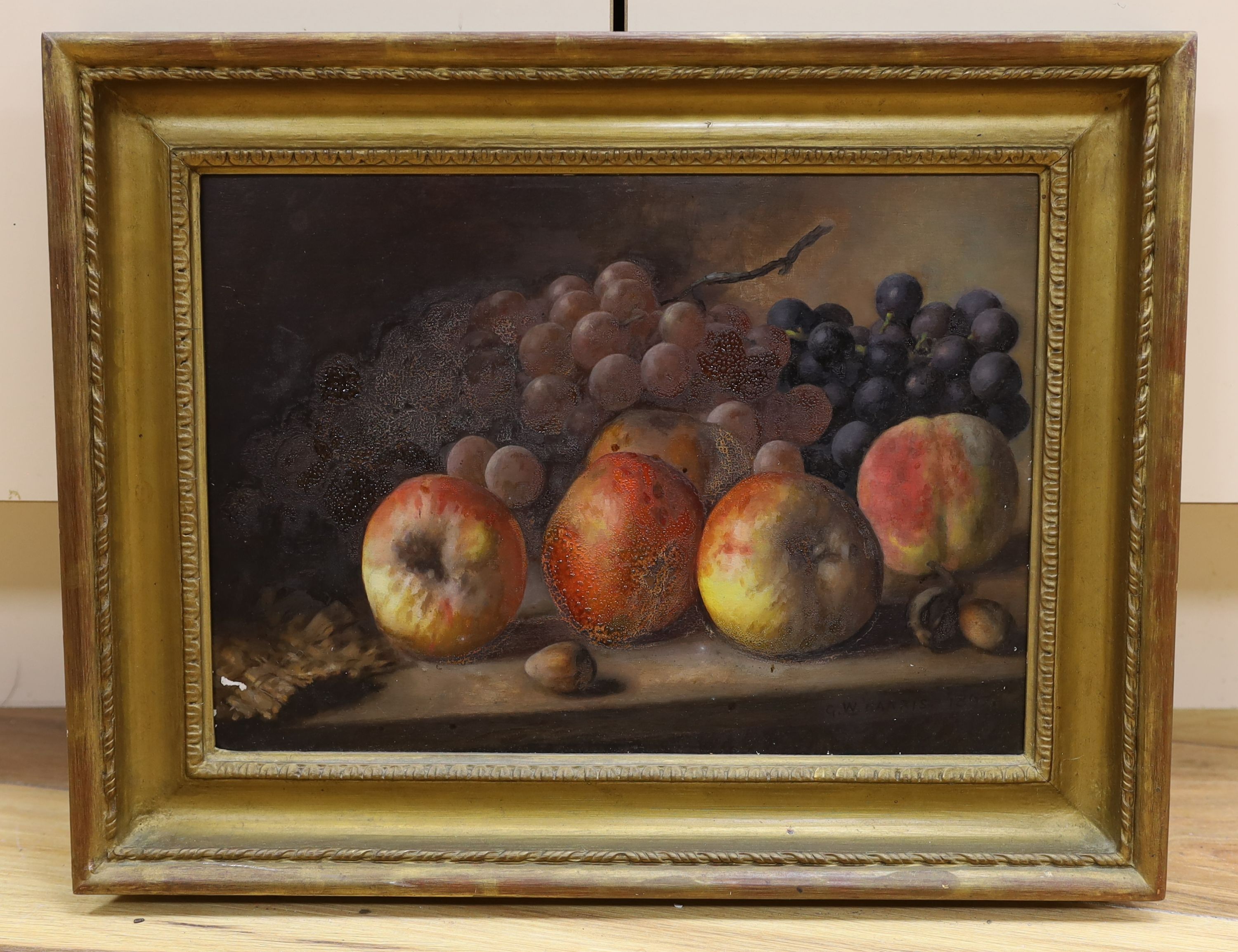 George Walter Harris (fl.1864-1893), oil on board, Still life of fruit, signed and dated 1897, 24 x 34cm